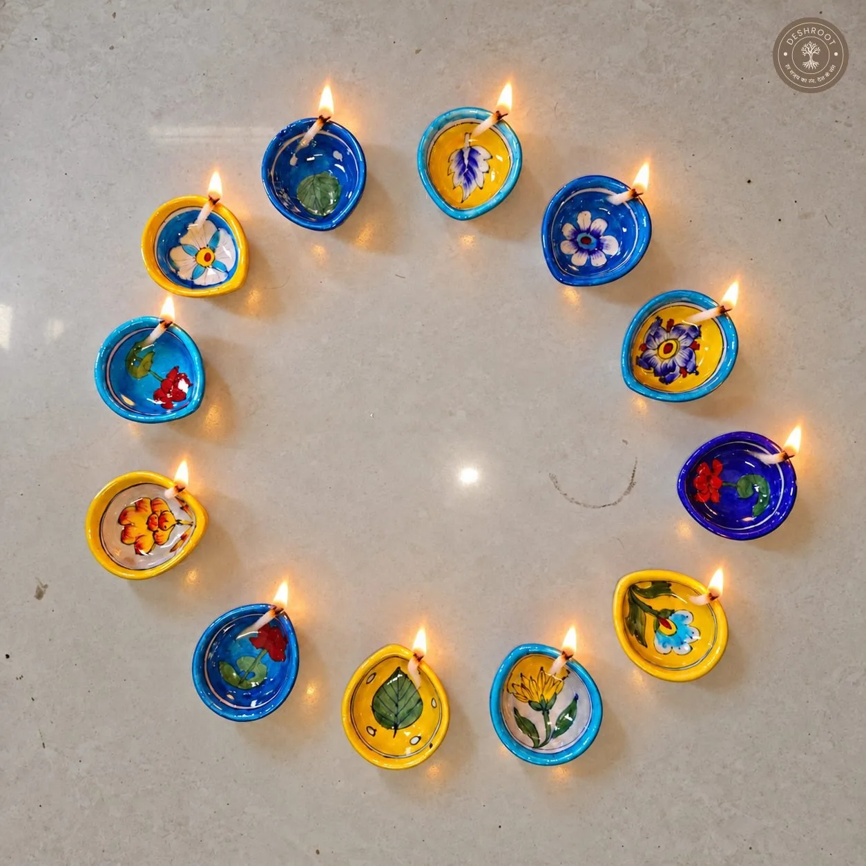 Handcrafted Multicolour Floral Ceramic Diya Set of 12 – Hand-Painted Blue and Yellow Decorative Oil Diyas