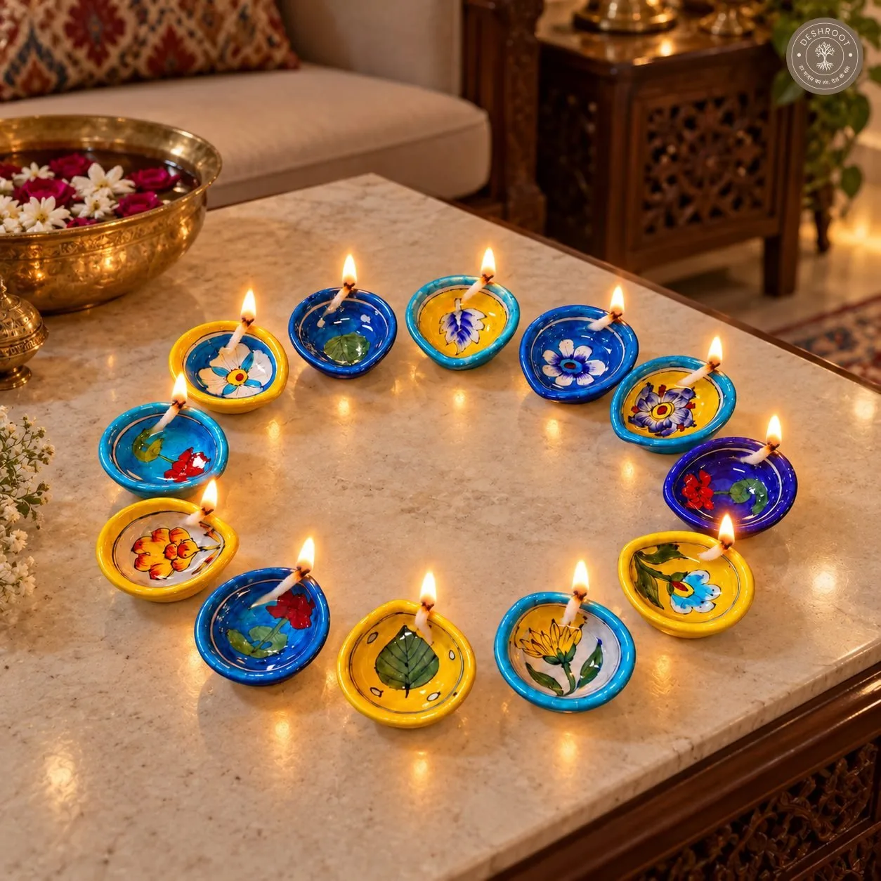 Handcrafted Multicolour Floral Ceramic Diya Set of 12 – Hand-Painted Blue and Yellow Decorative Oil Diyas