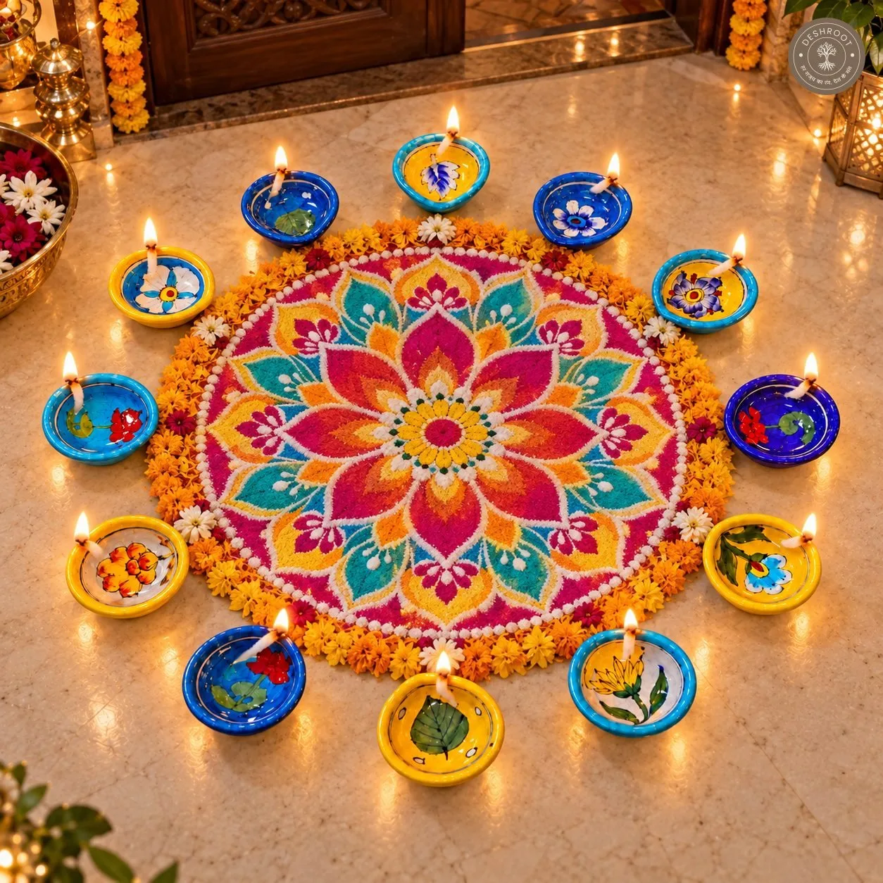 Handcrafted Multicolour Floral Ceramic Diya Set of 12 – Hand-Painted Blue and Yellow Decorative Oil Diyas