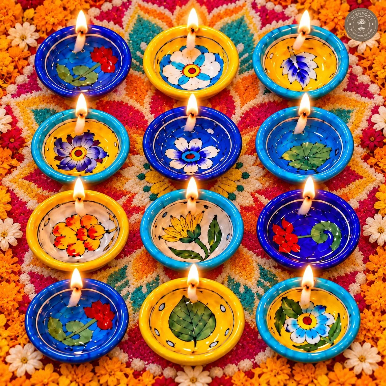 Handcrafted Multicolour Floral Ceramic Diya Set of 12 – Hand-Painted Blue and Yellow Decorative Oil Diyas
