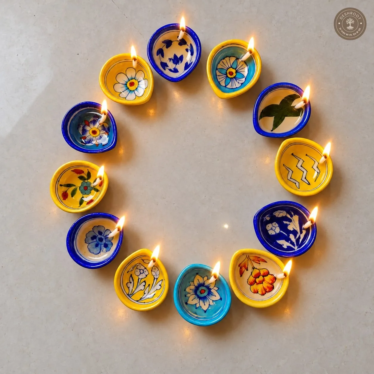 Handcrafted Multicolour Floral Ceramic Diya Set of 12 – Hand-Painted Blue and Yellow Decorative Oil Lamps