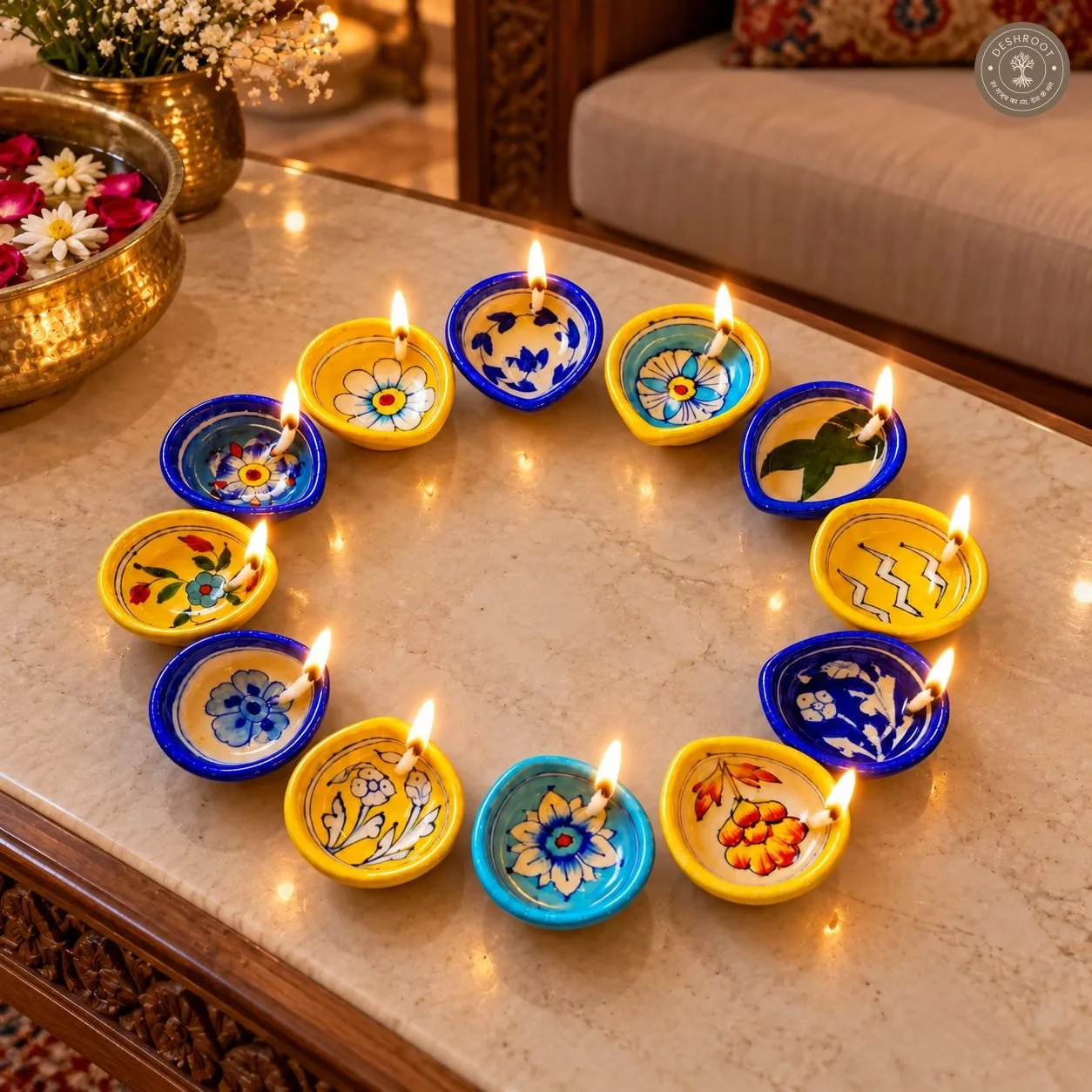 Handcrafted Multicolour Floral Ceramic Diya Set of 12 – Hand-Painted Blue and Yellow Decorative Oil Lamps