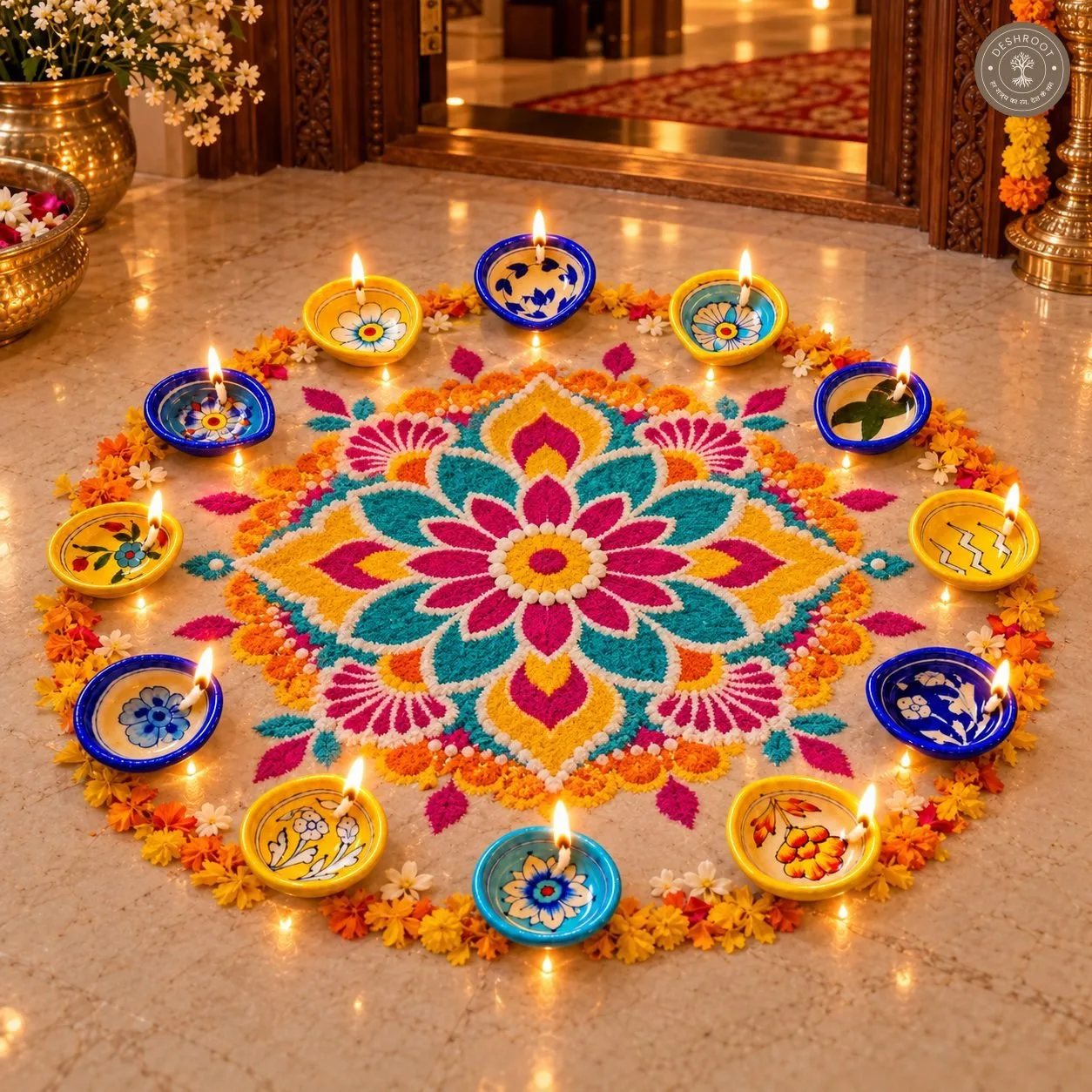 Handcrafted Multicolour Floral Ceramic Diya Set of 12 – Hand-Painted Blue and Yellow Decorative Oil Lamps