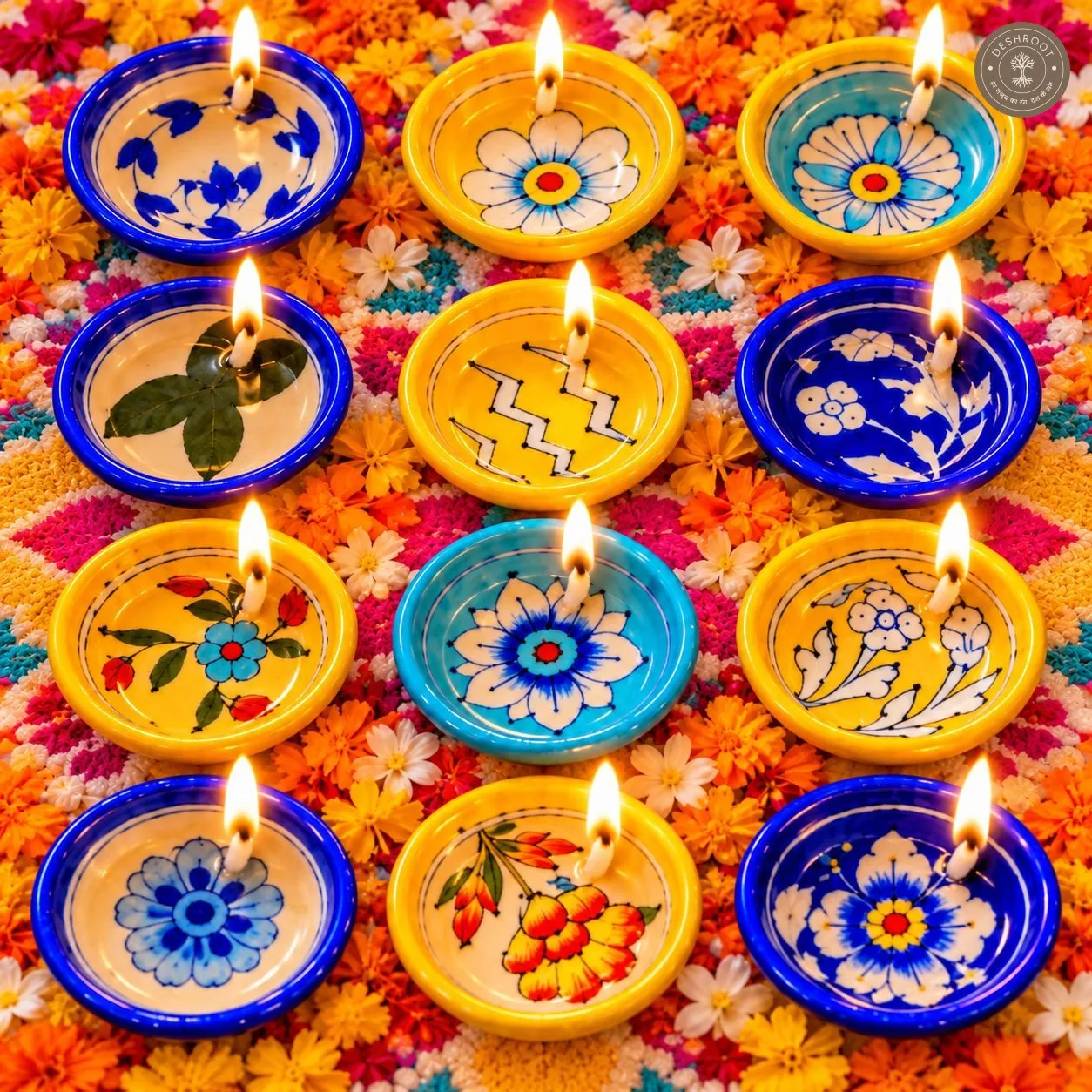 Handcrafted Multicolour Floral Ceramic Diya Set of 12 – Hand-Painted Blue and Yellow Decorative Oil Lamps