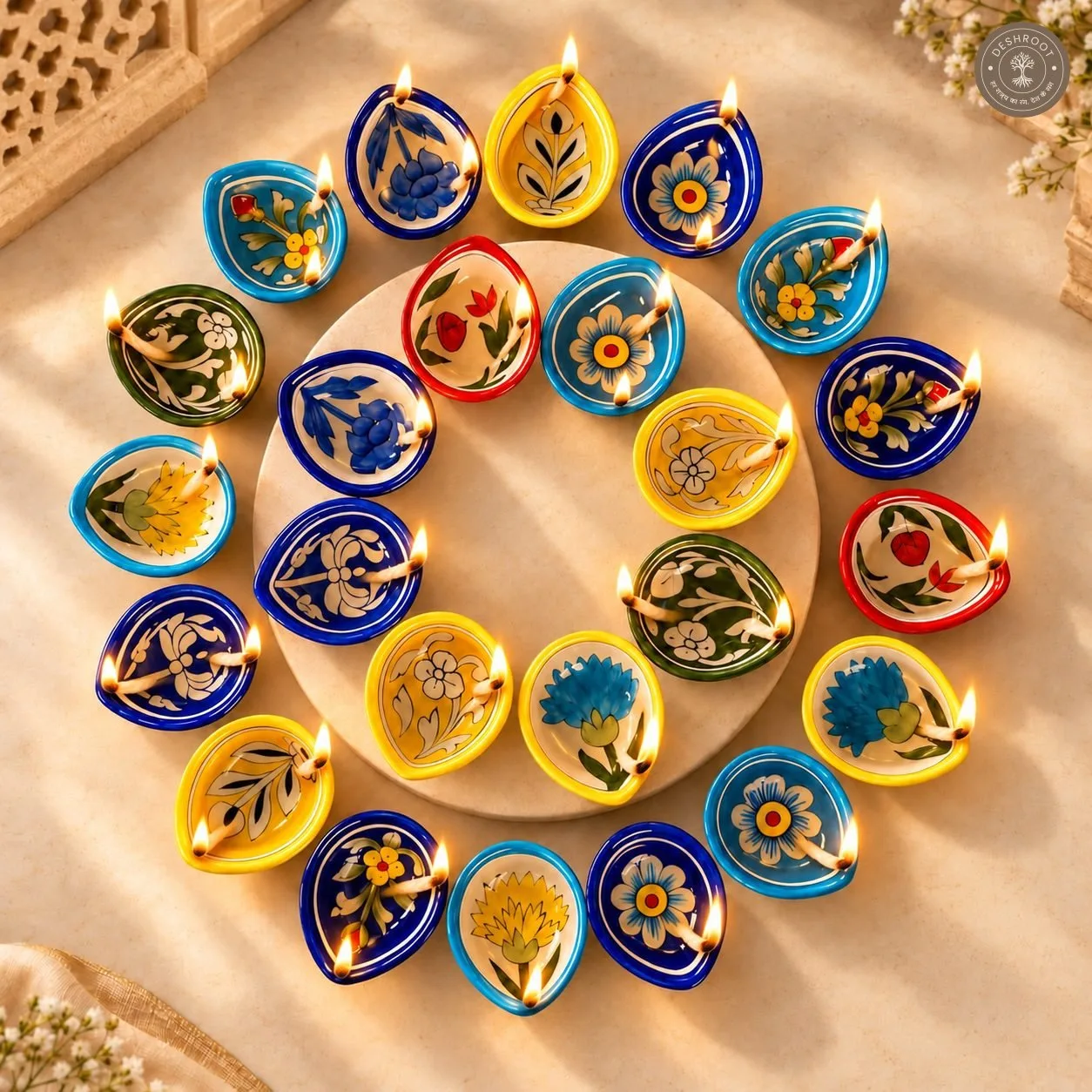 Handcrafted Multicolour Floral Ceramic Diya Set of 24 – Hand-Painted Decorative Oil Lamps