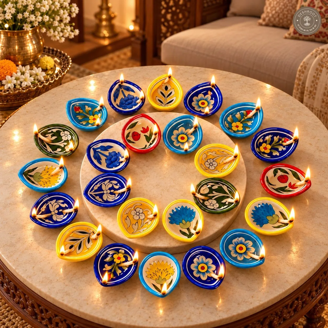 Handcrafted Multicolour Floral Ceramic Diya Set of 24 – Hand-Painted Decorative Oil Lamps