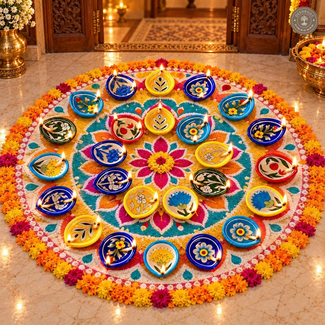 Handcrafted Multicolour Floral Ceramic Diya Set of 24 – Hand-Painted Decorative Oil Lamps
