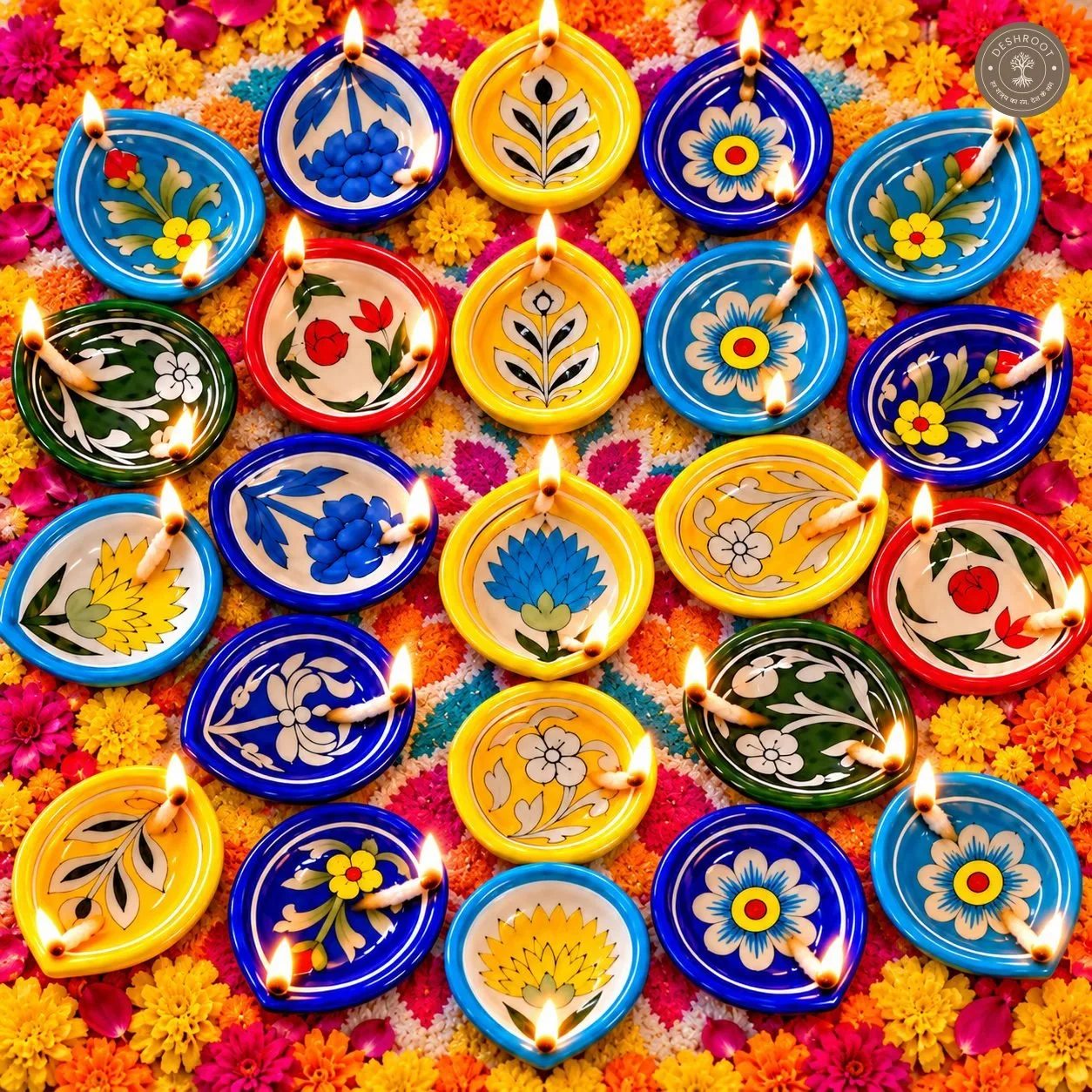 Handcrafted Multicolour Floral Ceramic Diya Set of 24 – Hand-Painted Decorative Oil Lamps