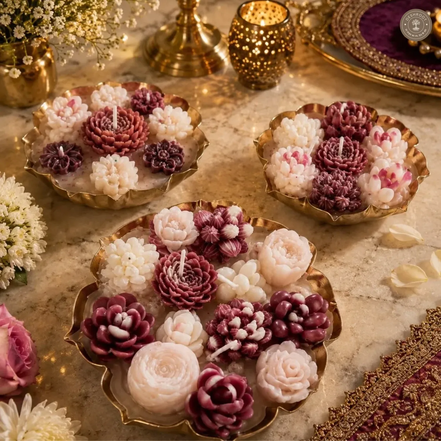 Handcrafted Floral Urli Candle Set of 3