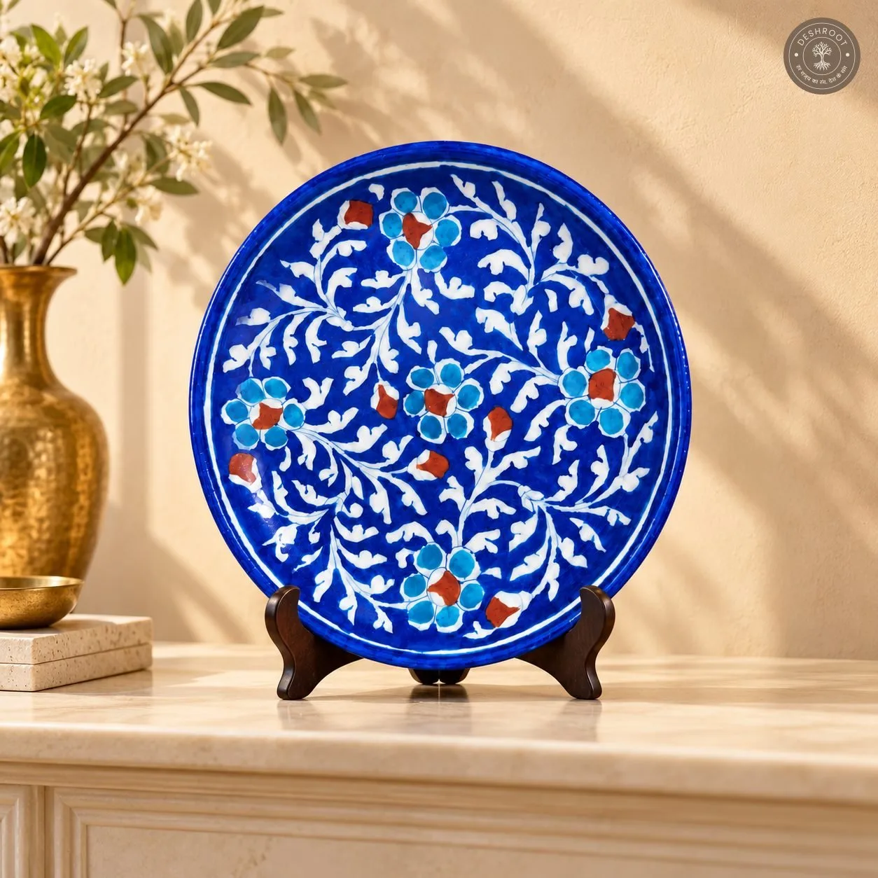 Handcrafted Blue Floral Decorative Ceramic Plate