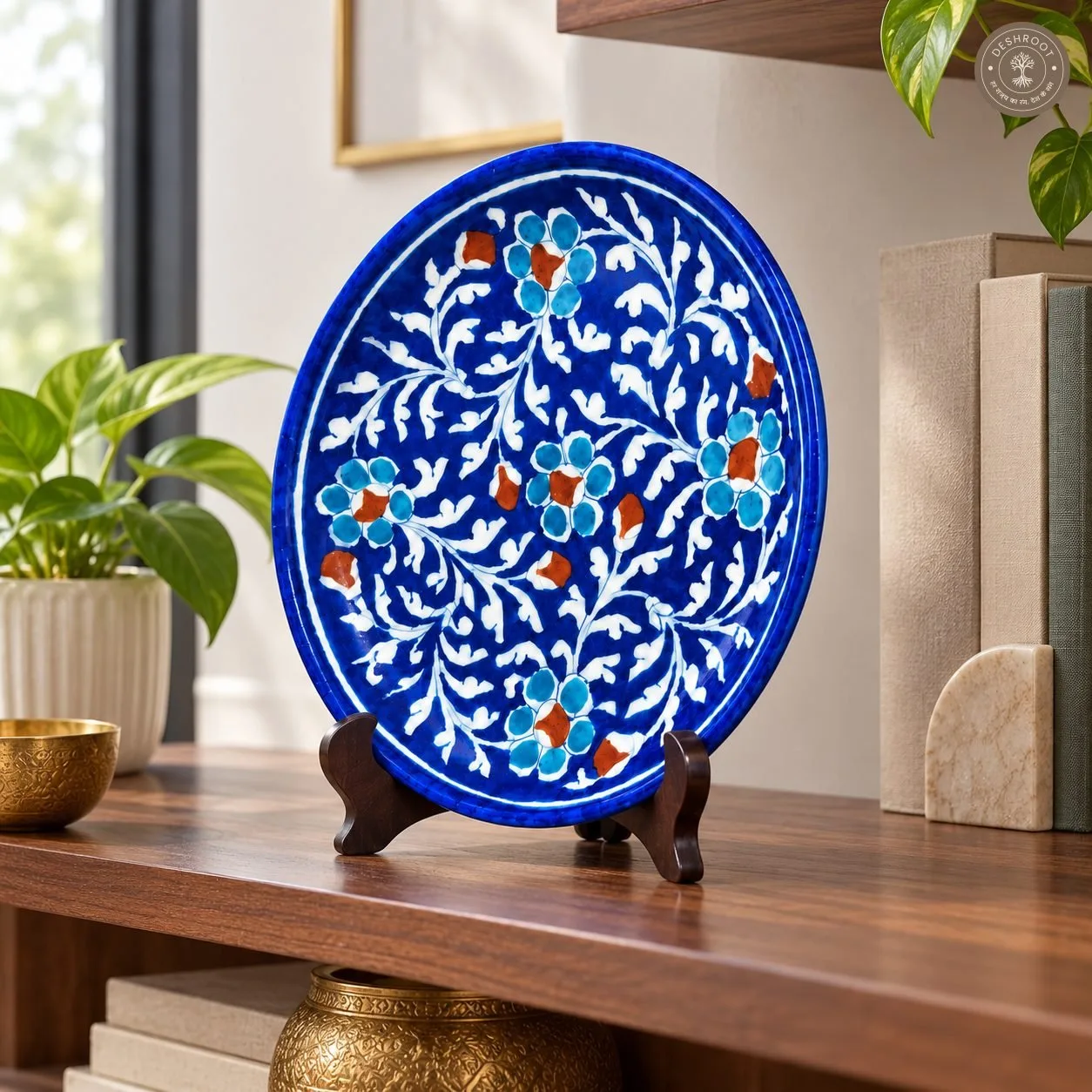 Handcrafted Blue Floral Decorative Ceramic Plate