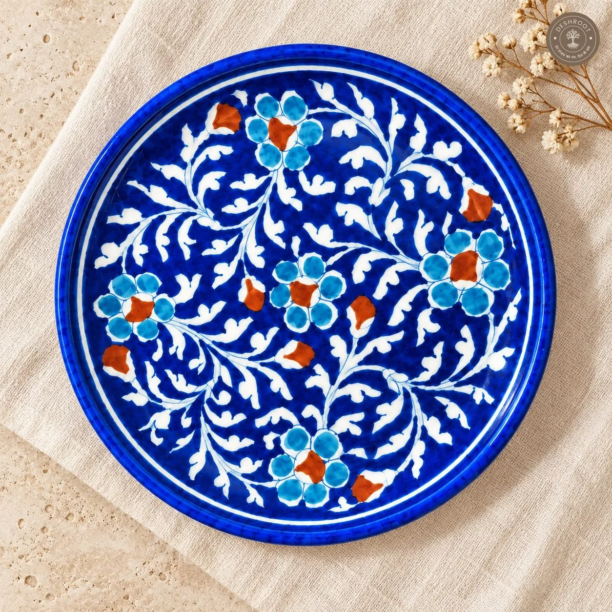 Handcrafted Blue Floral Decorative Ceramic Plate