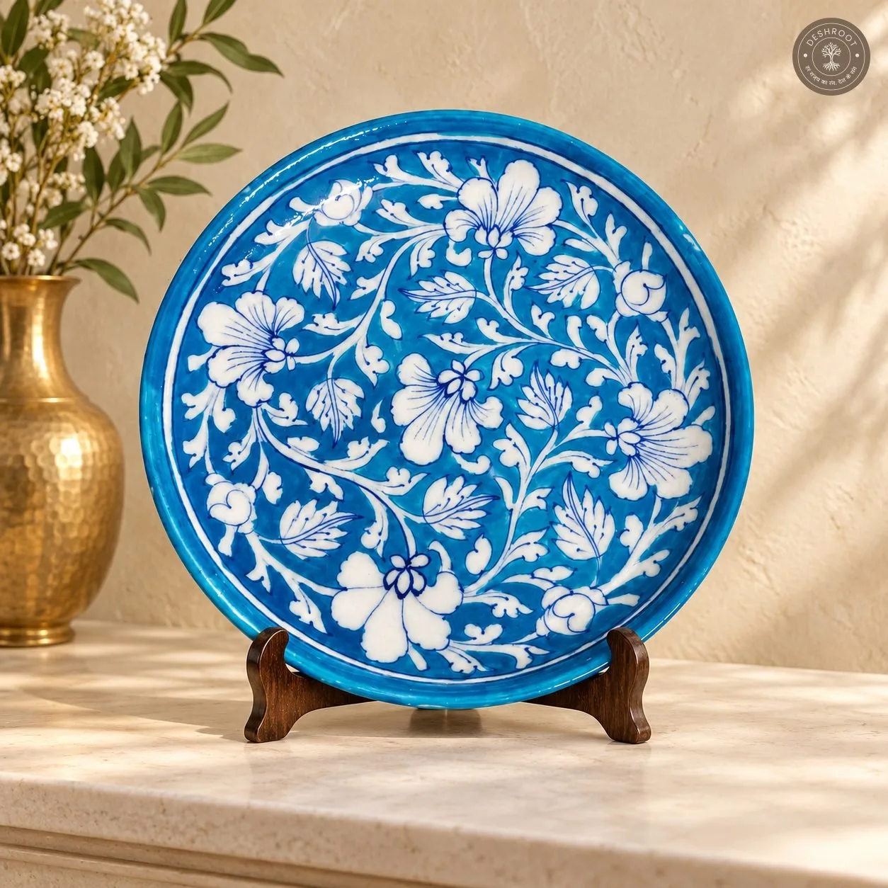 Handcrafted Turquoise Blue Floral Decorative Plate with White Botanical Artwork
