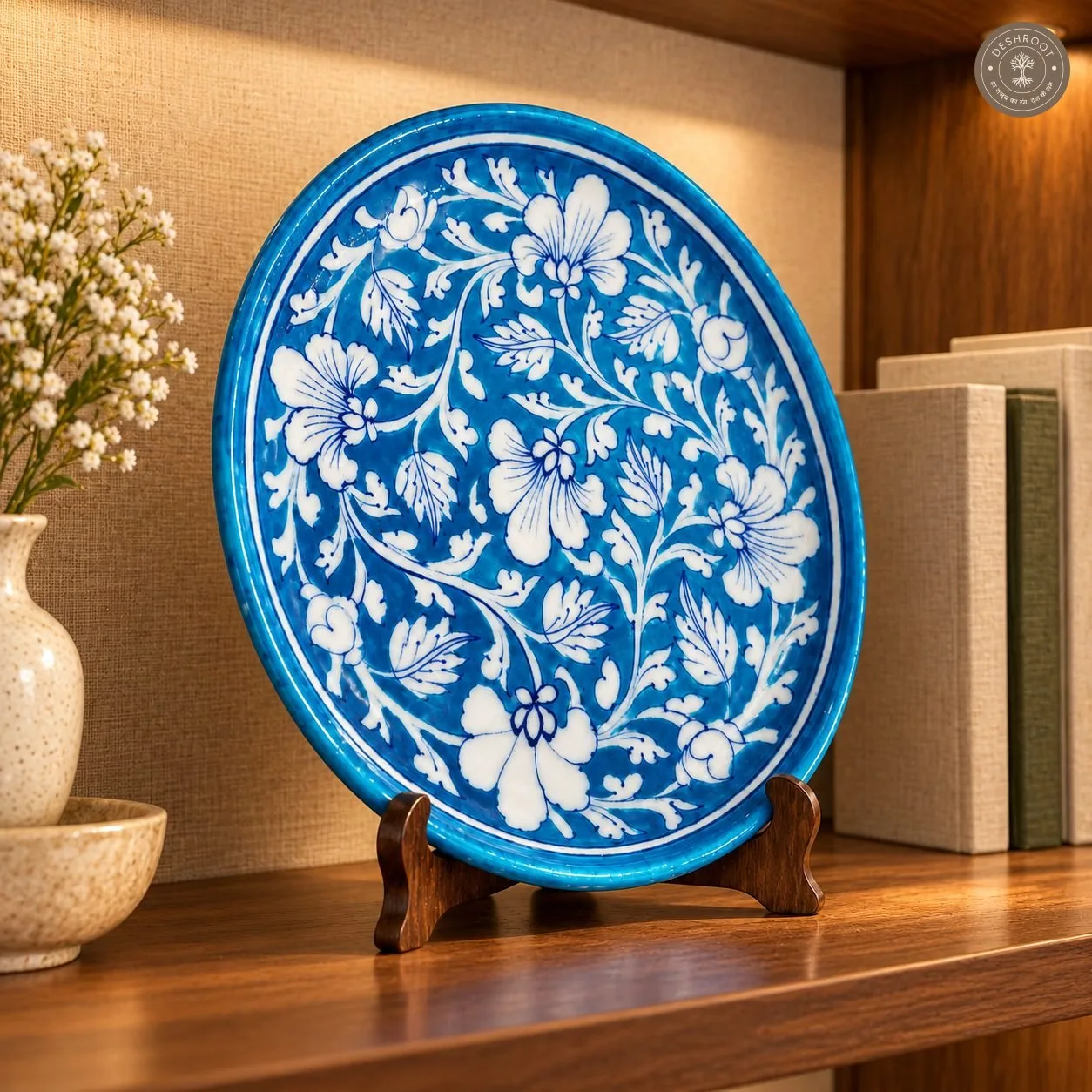 Handcrafted Turquoise Blue Floral Decorative Plate with White Botanical Artwork