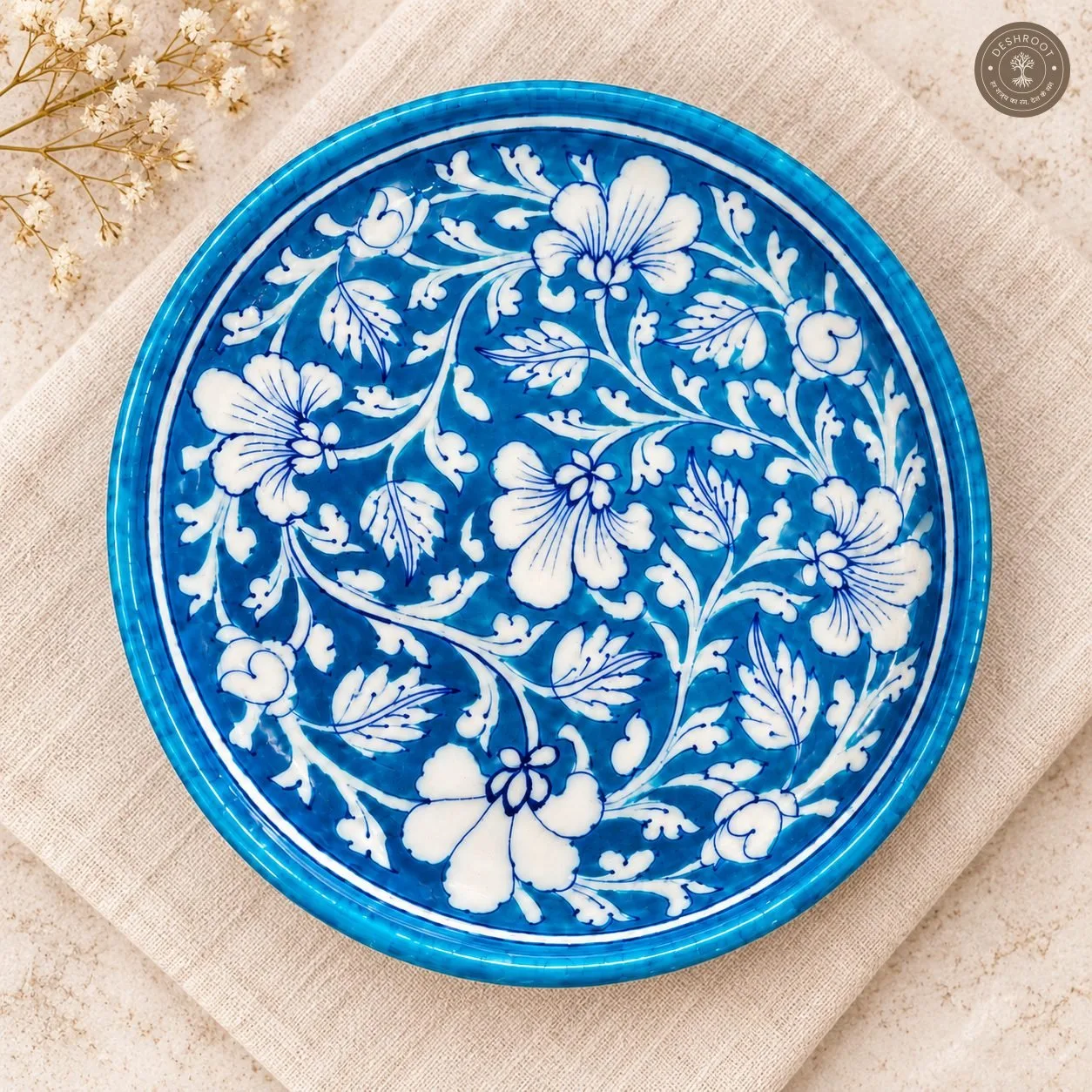 Handcrafted Turquoise Blue Floral Decorative Plate with White Botanical Artwork