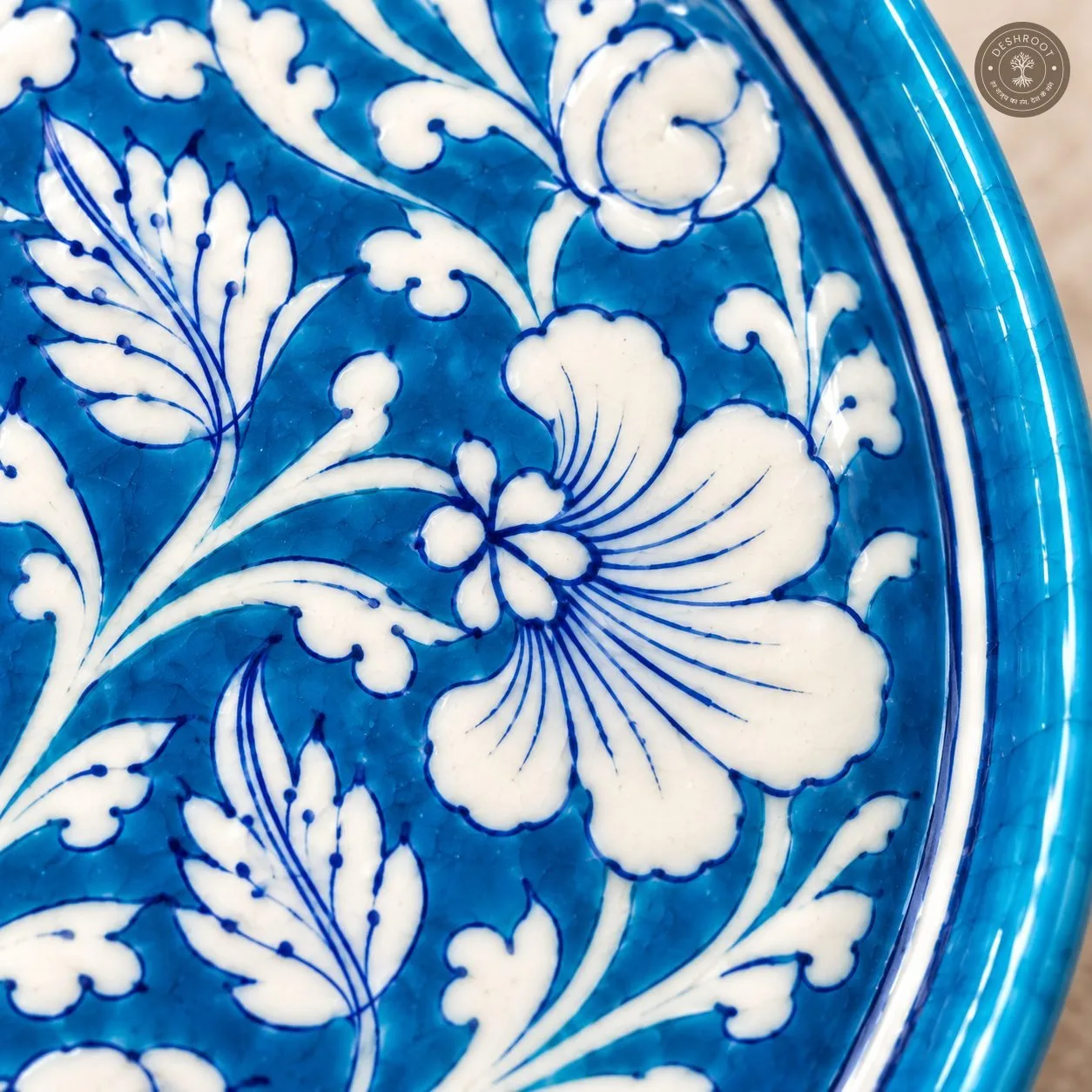 Handcrafted Turquoise Blue Floral Decorative Plate with White Botanical Artwork