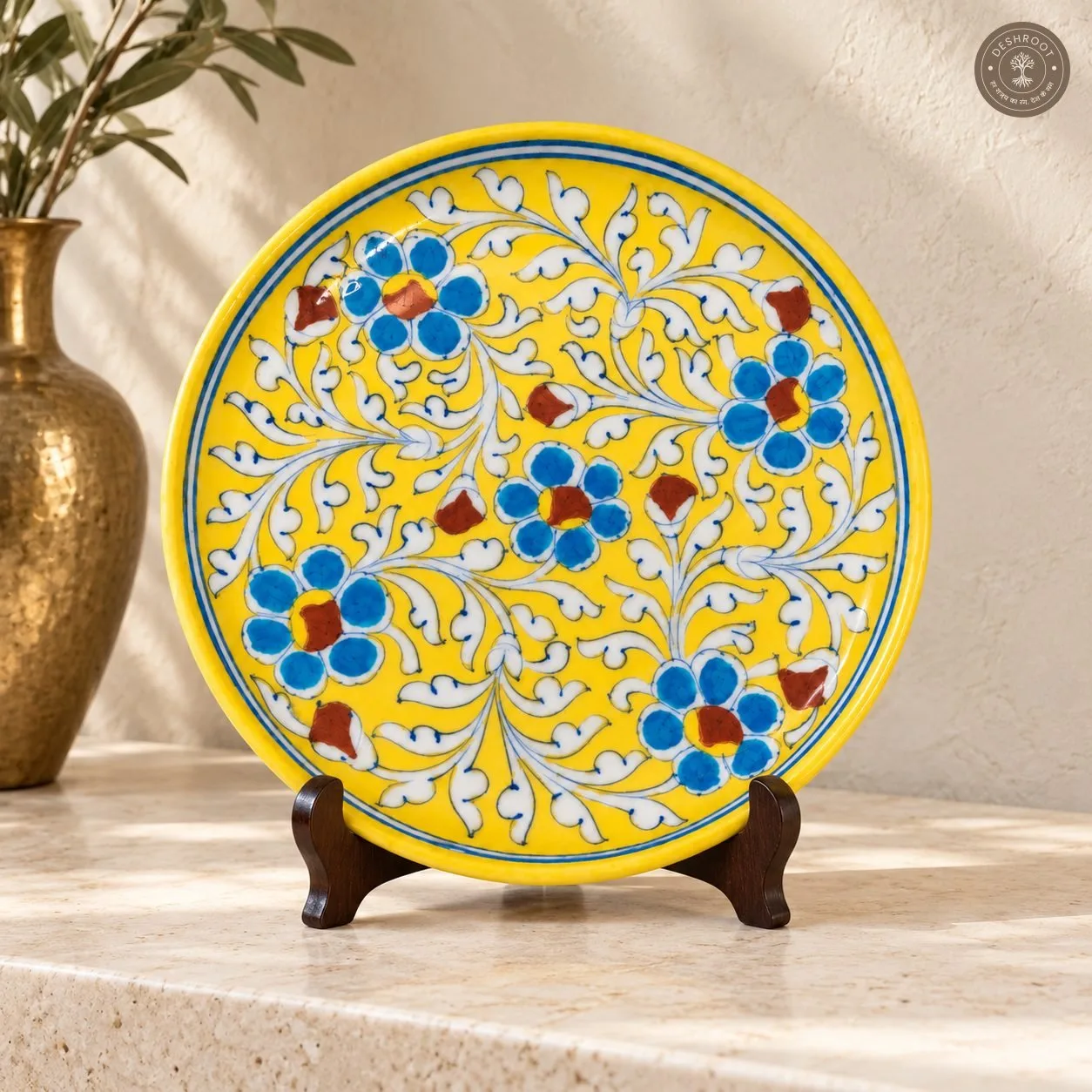 Handcrafted Yellow Floral Decorative Plate with Blue and White Botanical Artwork