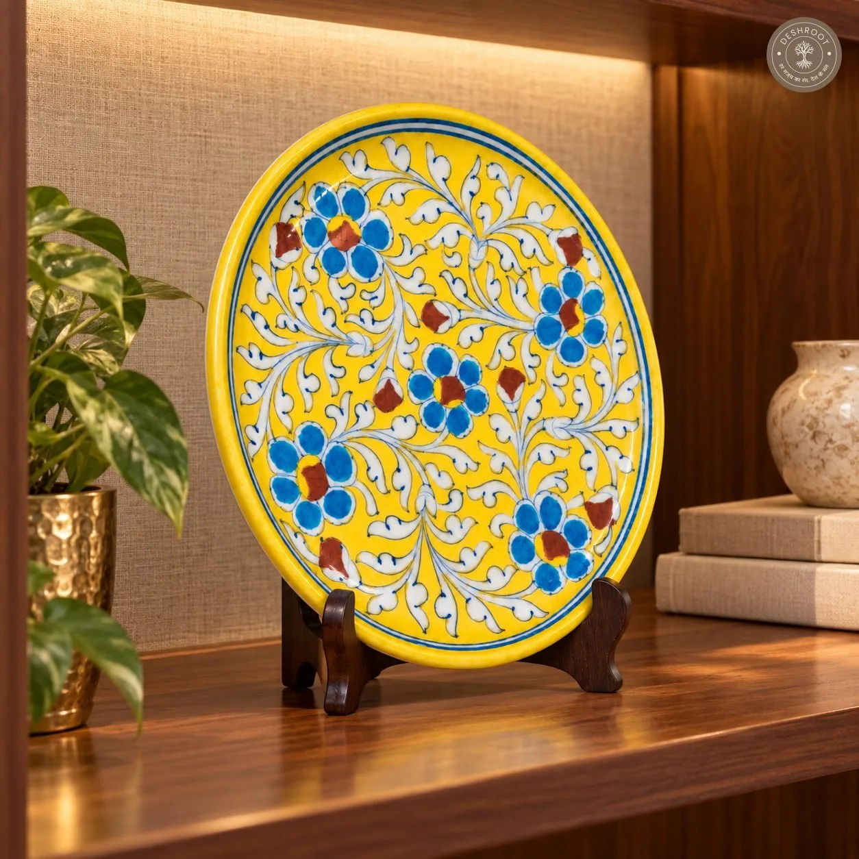 Handcrafted Yellow Floral Decorative Plate with Blue and White Botanical Artwork