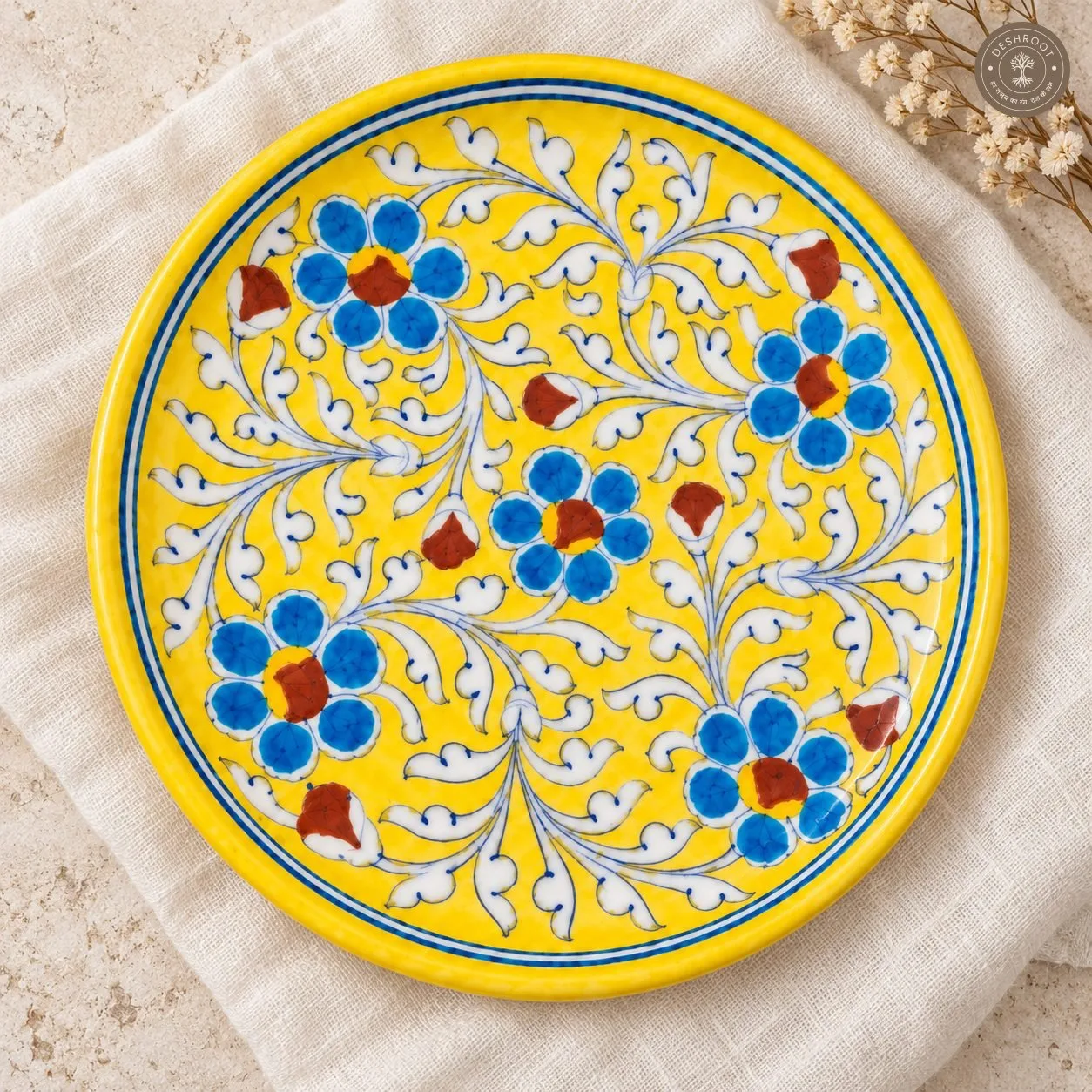 Handcrafted Yellow Floral Decorative Plate with Blue and White Botanical Artwork