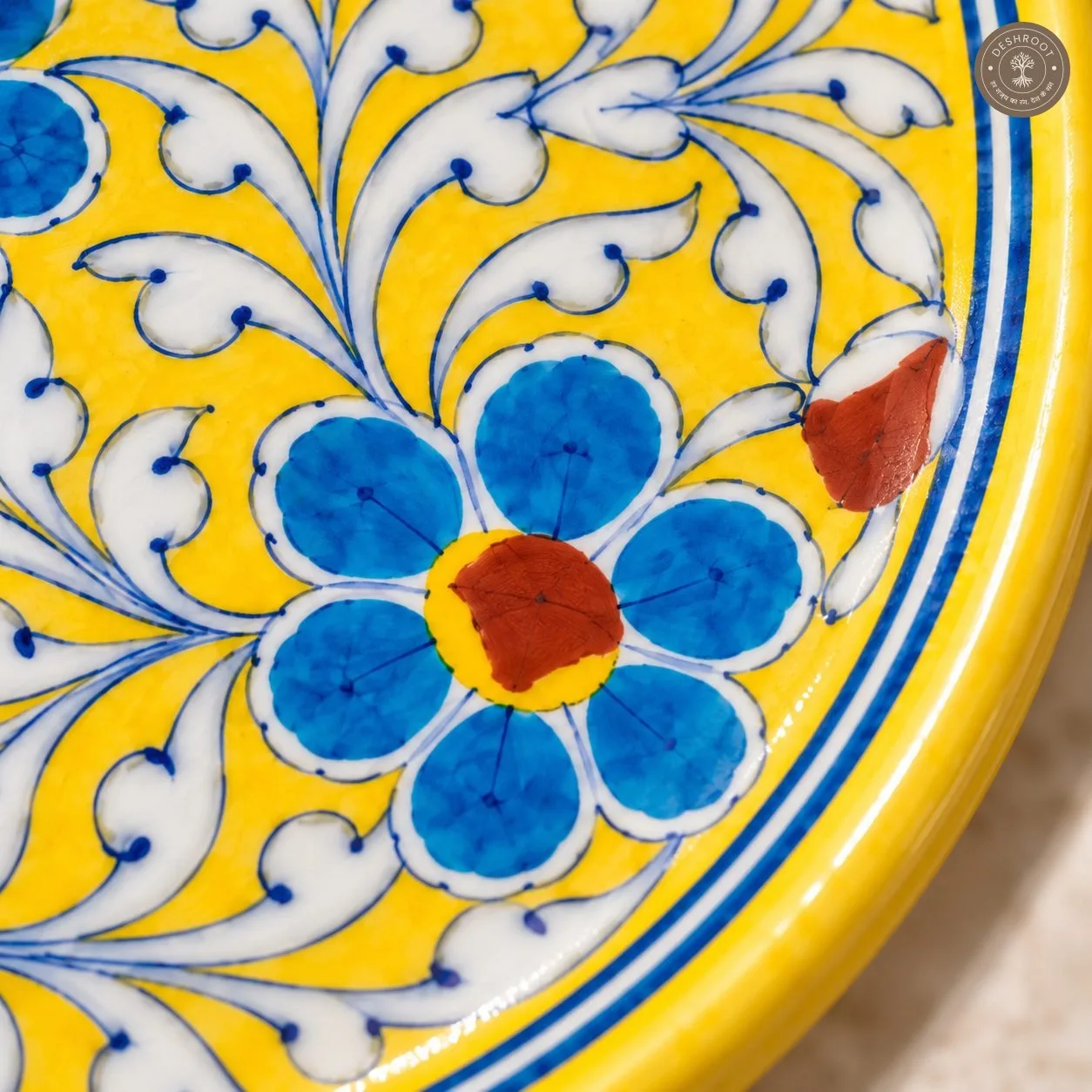 Handcrafted Yellow Floral Decorative Plate with Blue and White Botanical Artwork