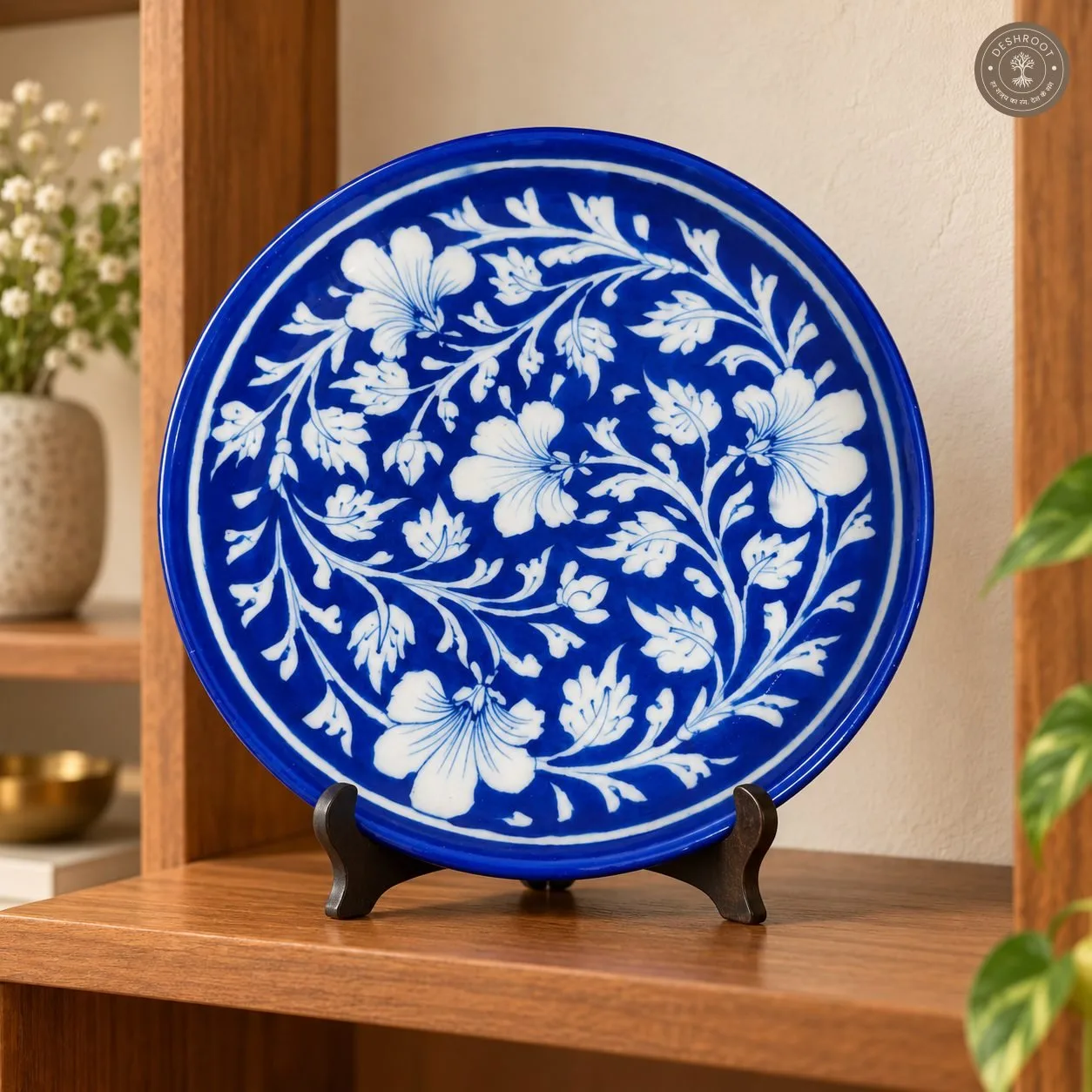 Handcrafted Royal Blue and White Floral Decorative Plate