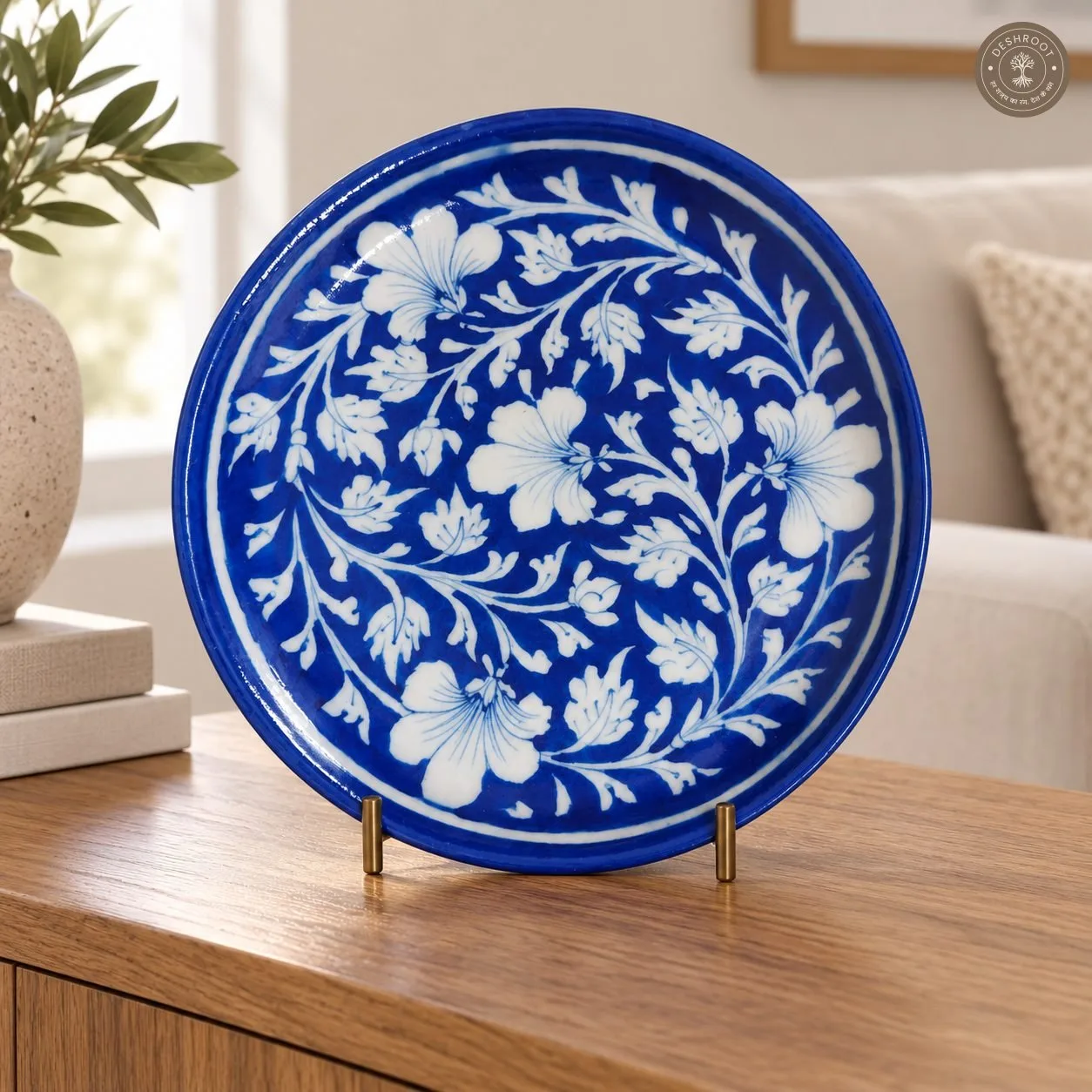 Handcrafted Royal Blue and White Floral Decorative Plate