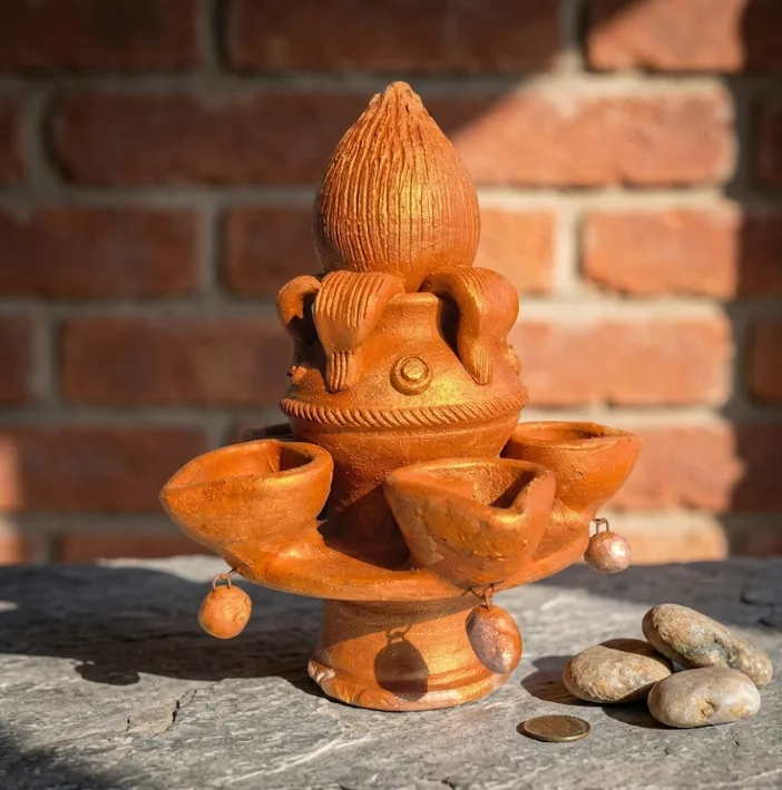 Handcrafted Terracotta Diya Stand with Kalash Design