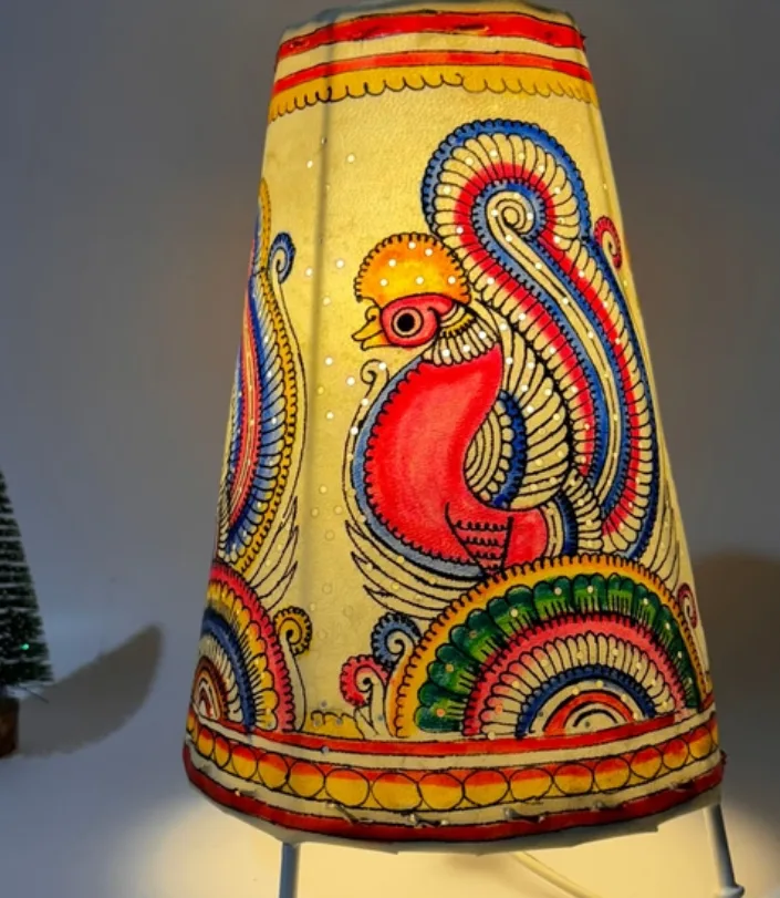 8-Inch Round Tholubommalata Leather Lamp – Birds Design