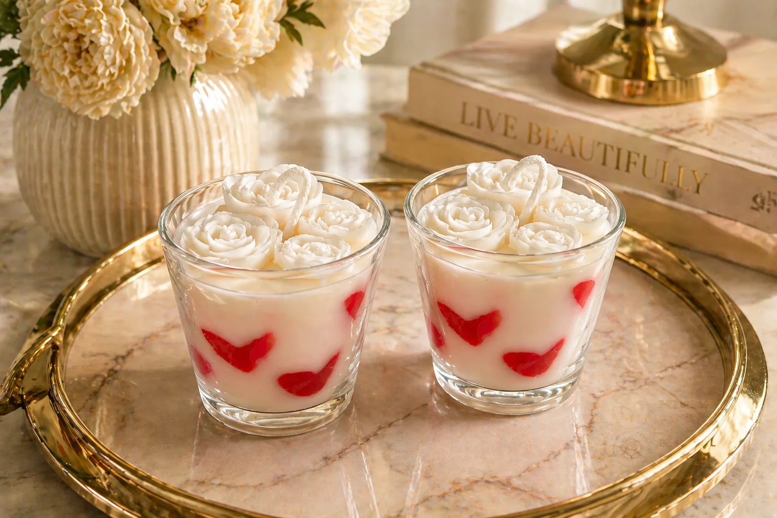 Handcrafted Rose Candle Set of 2 in Glass Jar – Decorative Soy Wax Candles with Heart Design – Luxury Home Décor & Gift Set for Diwali, Birthday, Anniversary