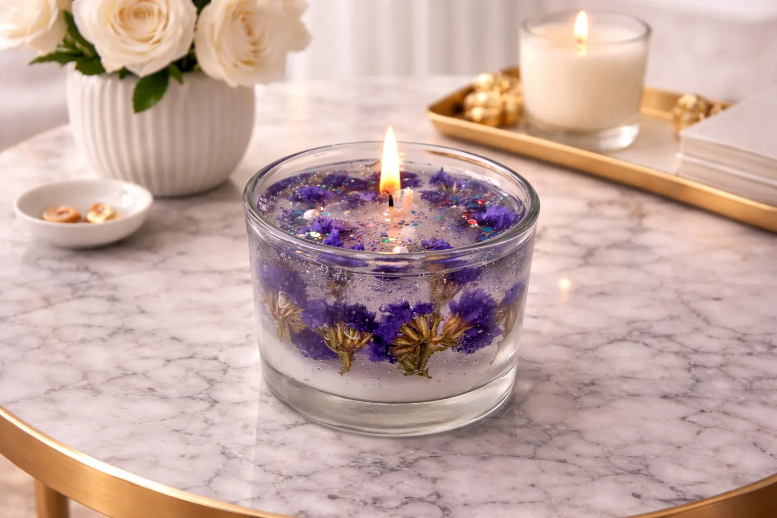 Handmade Gel Candle with Dried Flowers (7.5cm x 5cm) – Purple Floral Design