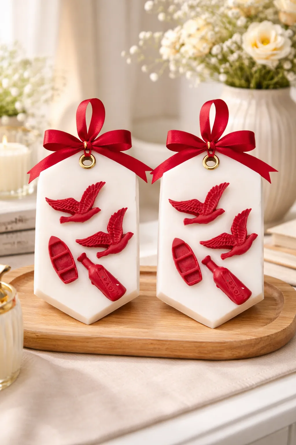 Handmade Love Theme Wax Tablets (Pack of 2) – Red Birds, Boat & Message Bottle Design