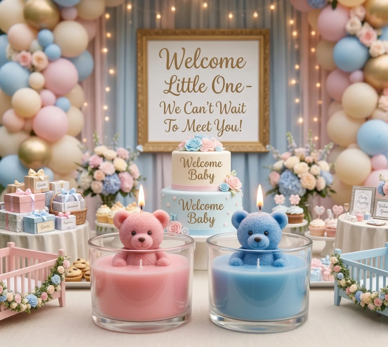 Baby Shower Teddy Bear Scented Candle – Handcrafted Decorative Glass Jar Candle – Pink & Blue Gift Set