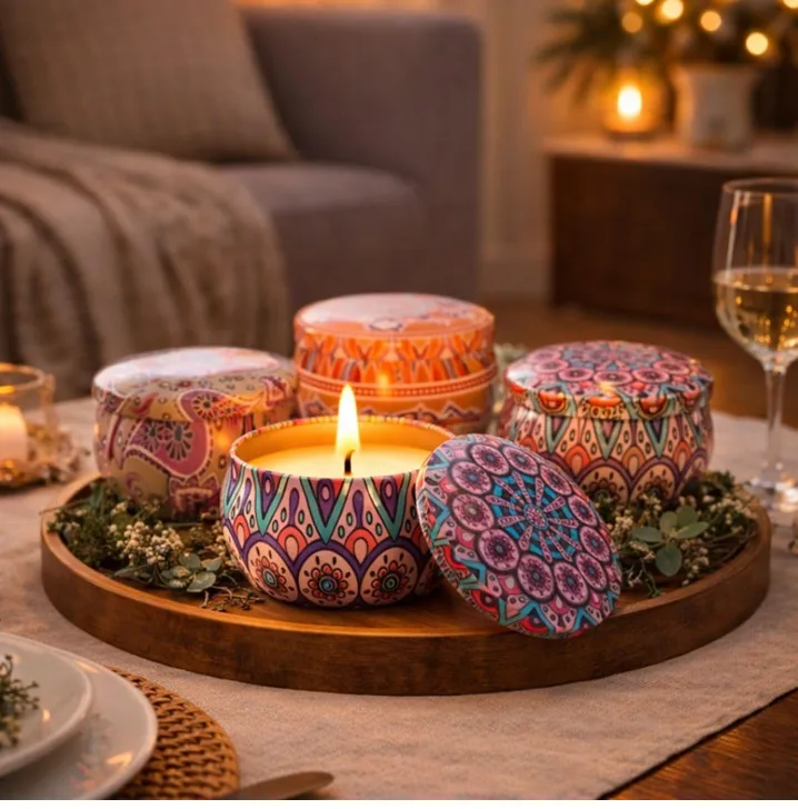 Pack of 12 Multicolour Mandala Travel Tin Candle