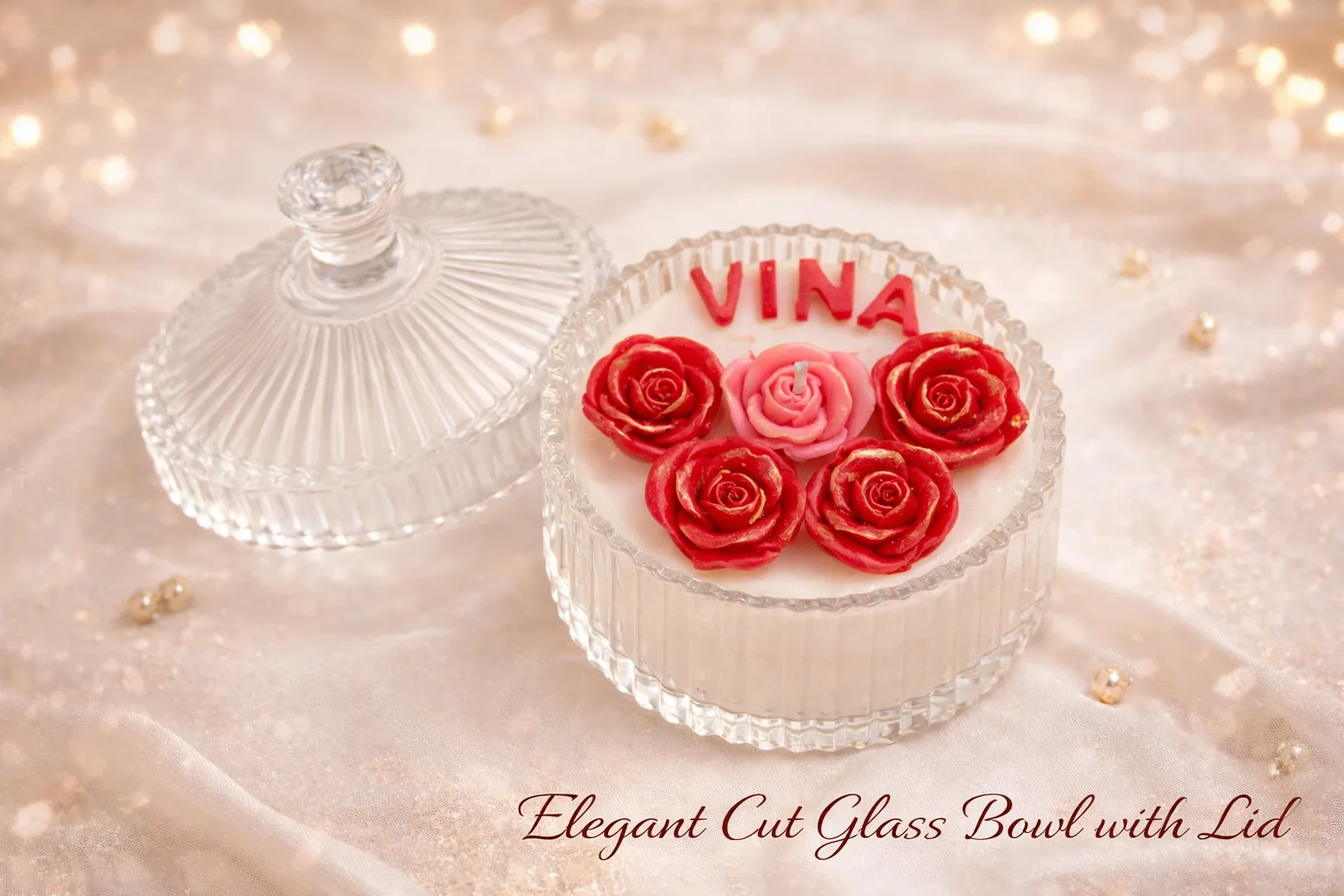 Personalized Floral Candle in Cut Glass Bowl with Lid – 10 cm x 10 cm