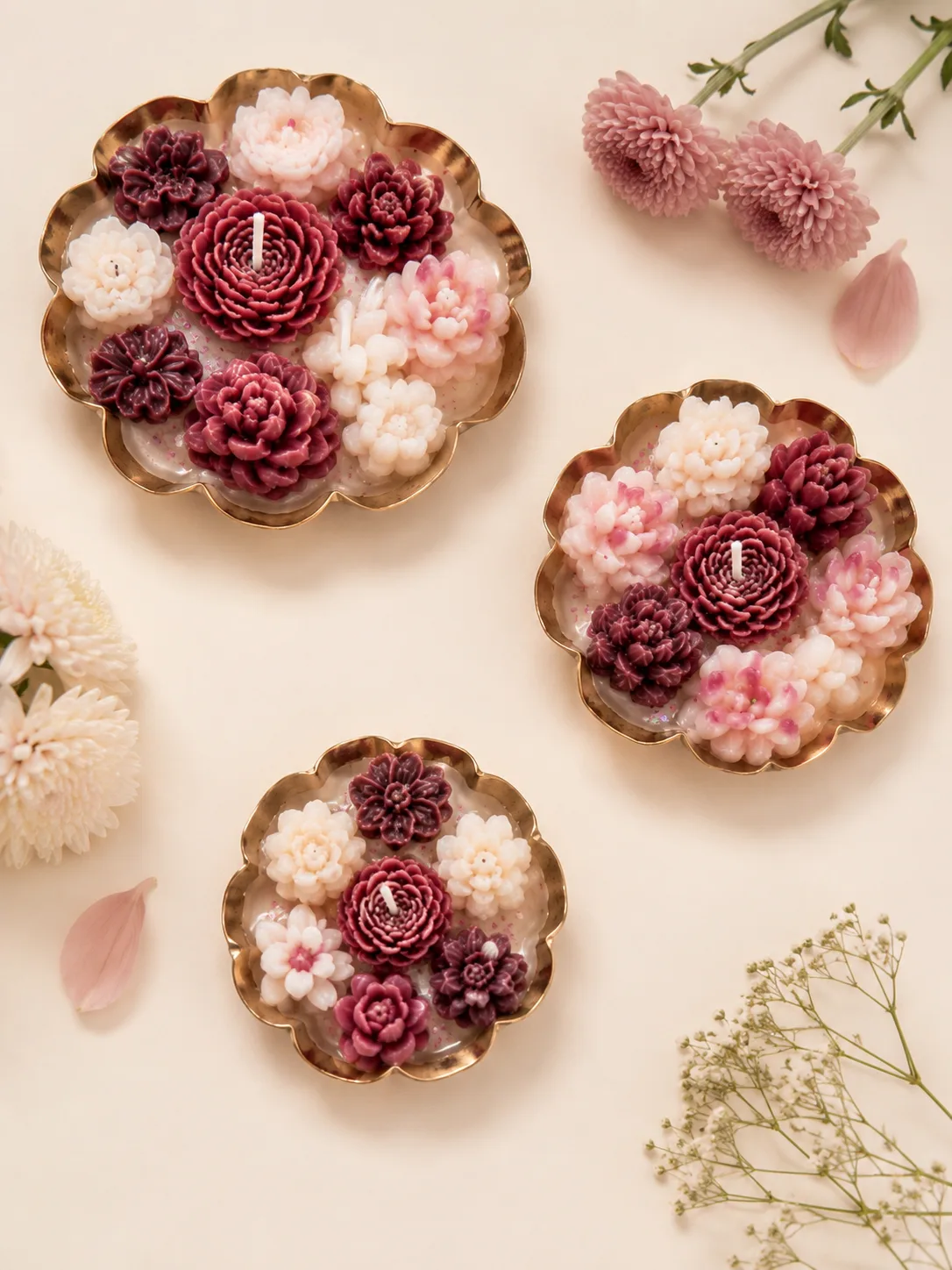 Handcrafted Floral Urli Candle Set of 3 – Decorative Metal Urli Bowls with Wax Flower Art