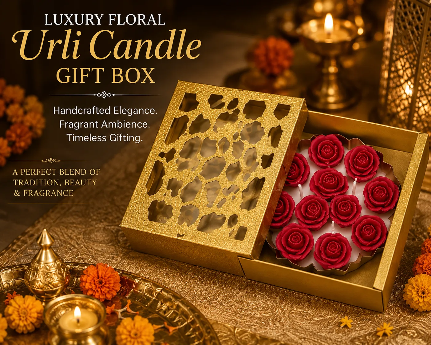 Luxury Floral Urli Candle Gift Box – Handmade Scented Rose Flower Candles in Decorative Metal