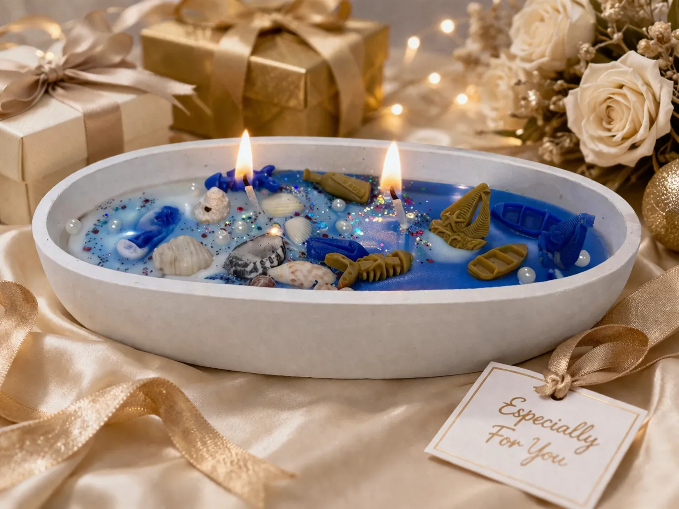Handcrafted Ocean Soy Wax Candle in Decorative Bowl – Coastal Seashell Candle with Casting Art Mini Boats & Pearl Accents – Luxury Beach Theme Home Décor Gift