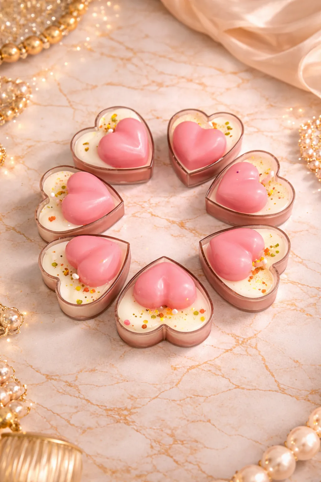 Set of 8 Pink Heart Scented Tealight Candles in Heart-Shaped Cups