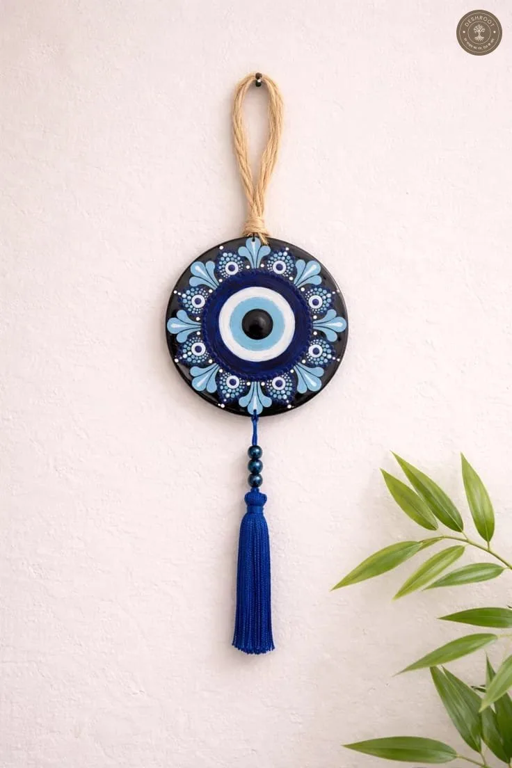 Handcrafted Evil Eye Protection Wall Hanging with Blue Tassel