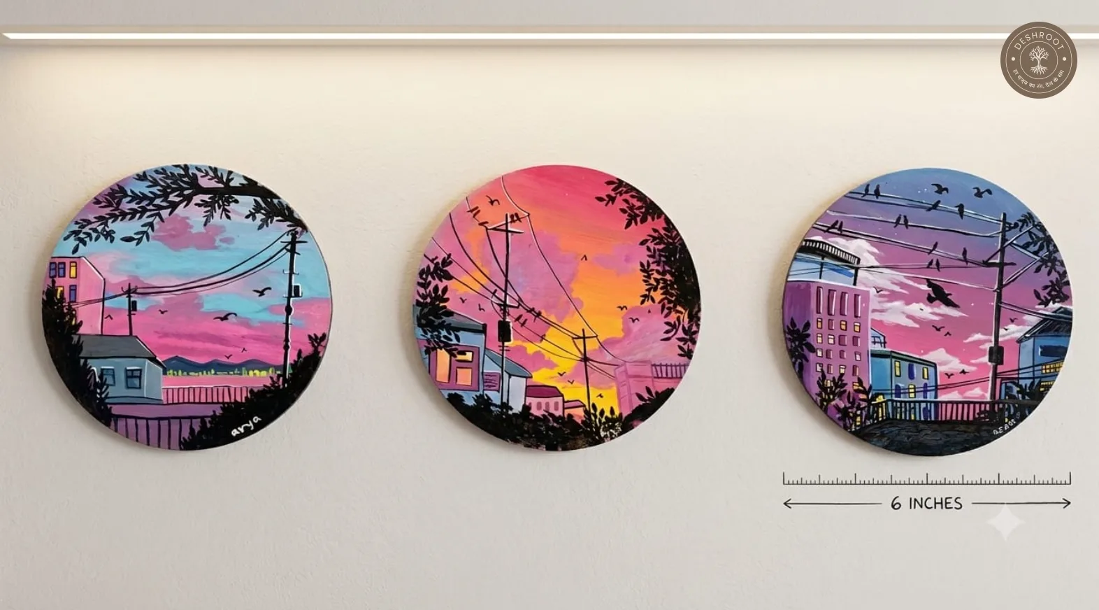 Handcrafted Sunset Cityscape Round Wall Painting