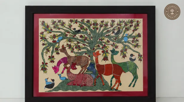 Framed Tribal Folk Art Painting – Deer Under the Tree of Life