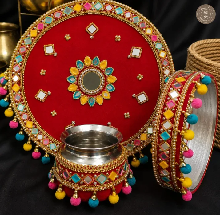 Handcrafted Designer Karwa Chauth Pooja Thali & Kalash Set with Mirror Work and Pom-Pom Tassels