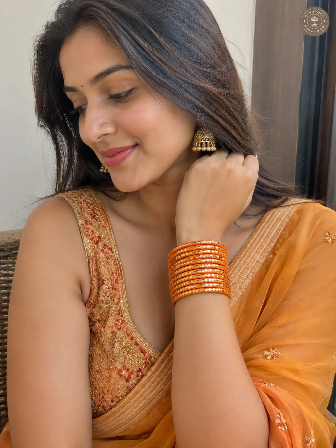 Sunrise Glow Gold-Pattern Orange Bangle Set