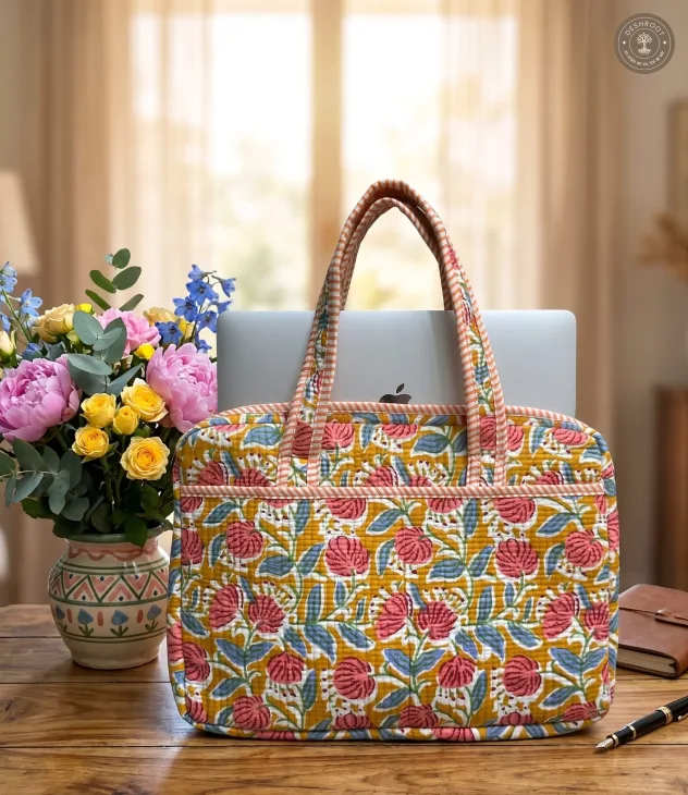Mustard Floral Quilted Laptop Bag