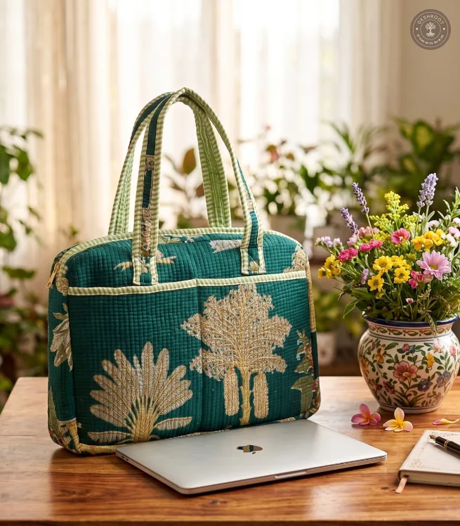 Emerald Botanical Quilted Laptop Bag