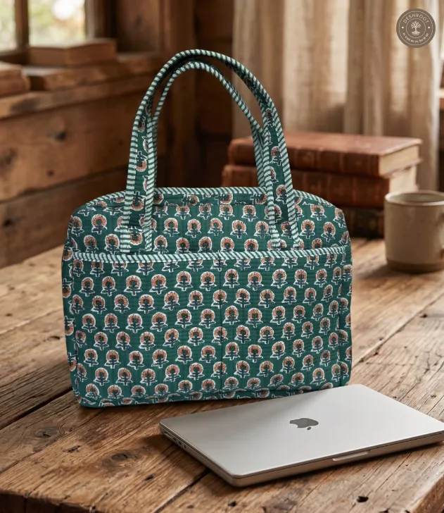 Emerald Block Print Quilted Laptop Bag