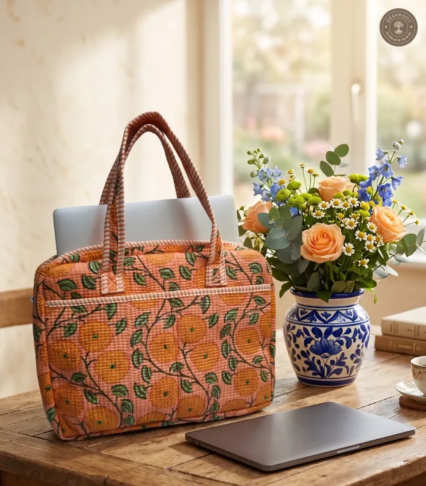 Peach Sunflower Quilted Laptop Bag