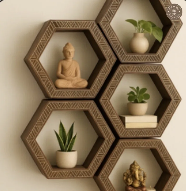 Hexa Haven Wooden Wall Shelf Set