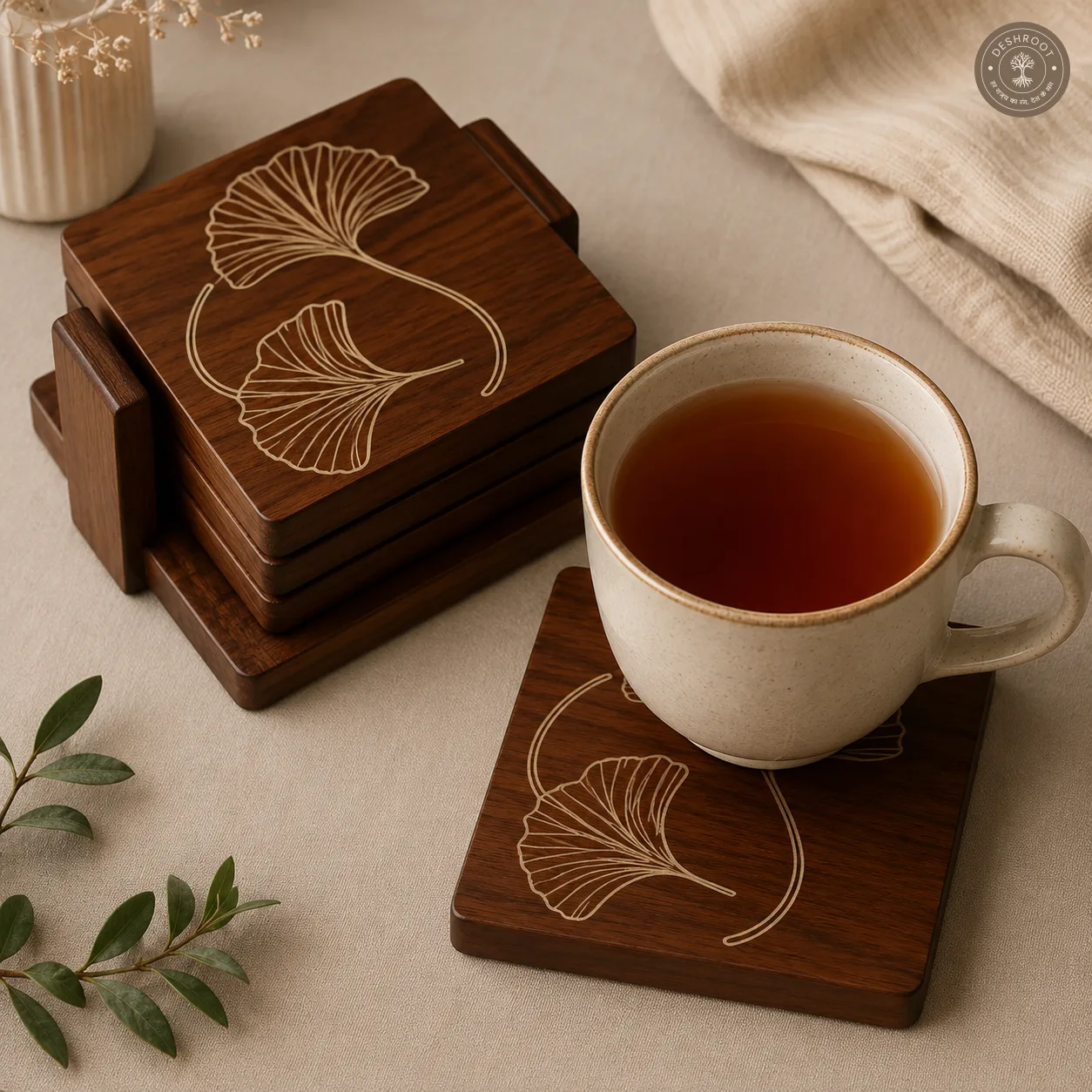 Ginkgo Elegance Wooden Coaster Set