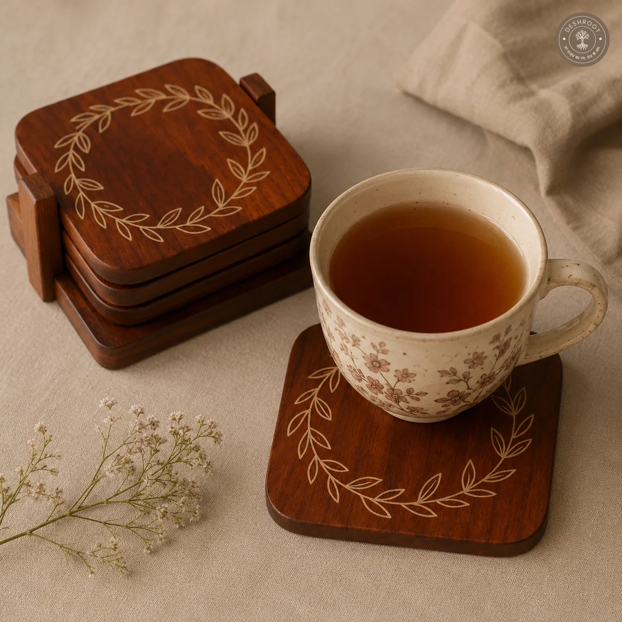 Laurel Bloom Handcrafted Wooden Coaster